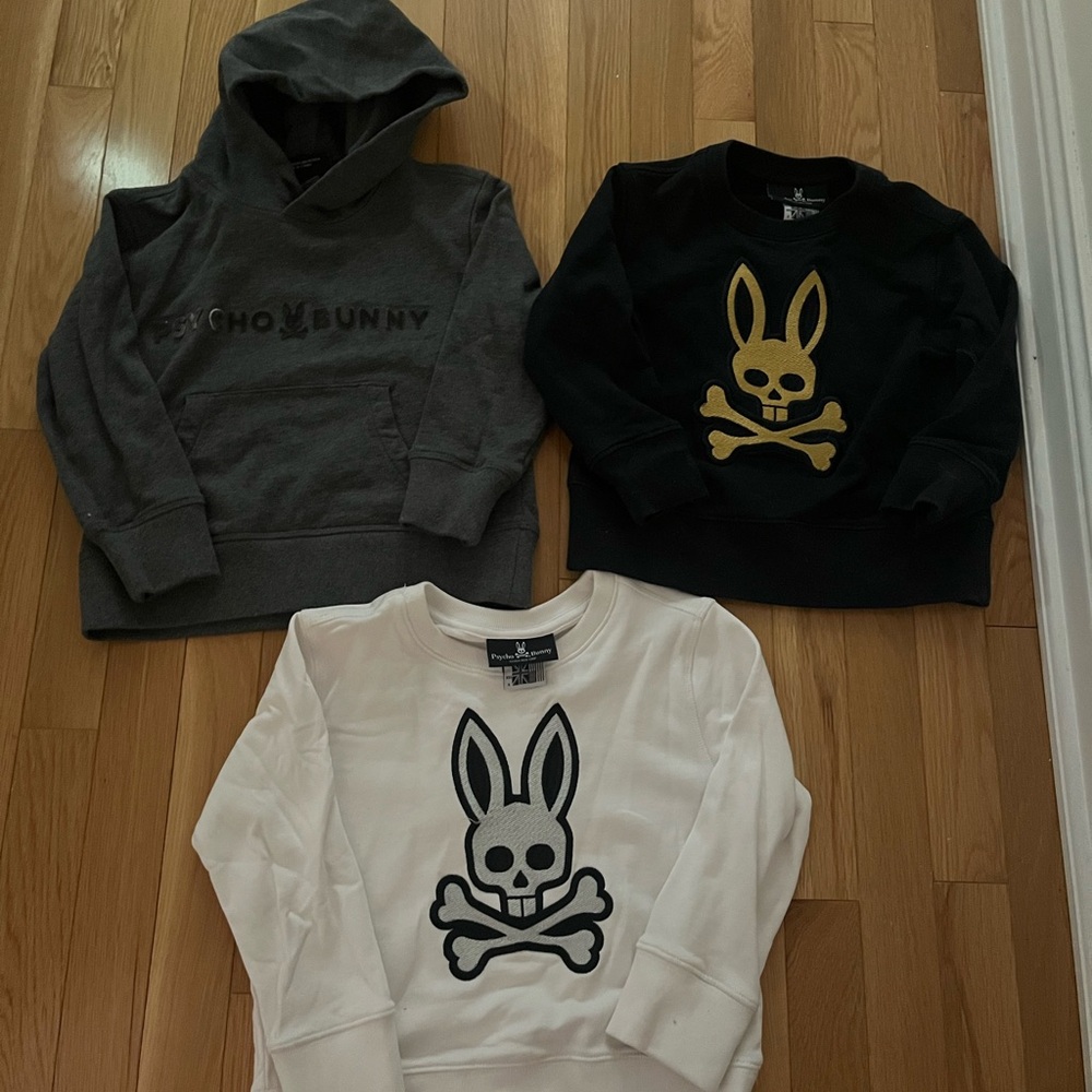 Psycho Bunny Kids Hoodie and Sweatshirt Trio - Charcoal, Black, White. Like NEW.